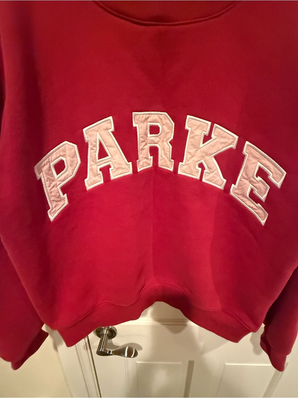 PARKE Women's Valentine's Day Varsity Mockneck Sweatshirt Crimson Peony S/M - Picture 2 of 9